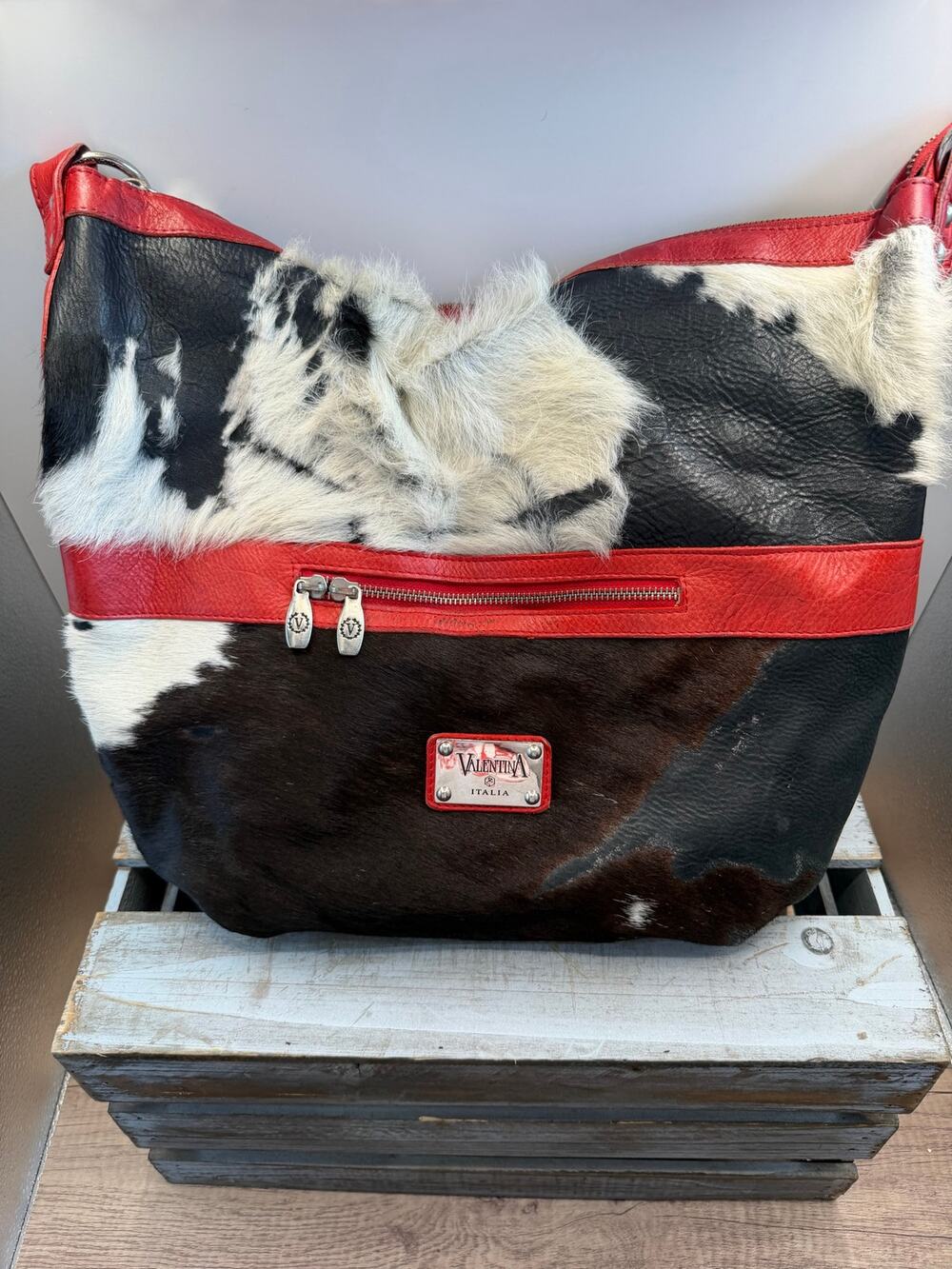 VALENTINA Italia RedLeather Hobo Tote Bag-Black/White Cowhide Hair-n-Hide-Italy